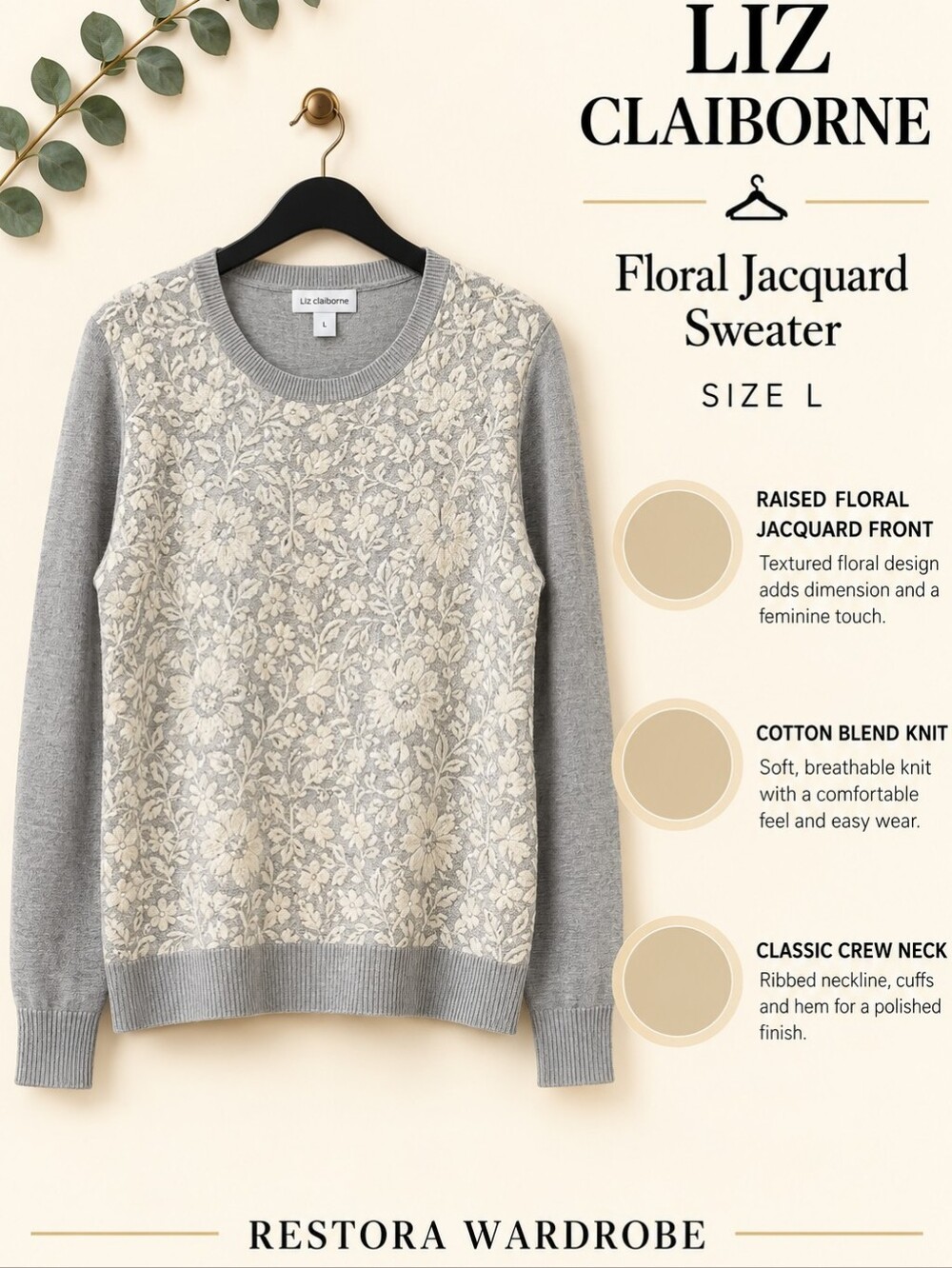 Liz Claiborne Sweater Gray Floral Jacquard Cotton Knit Size L Romantic